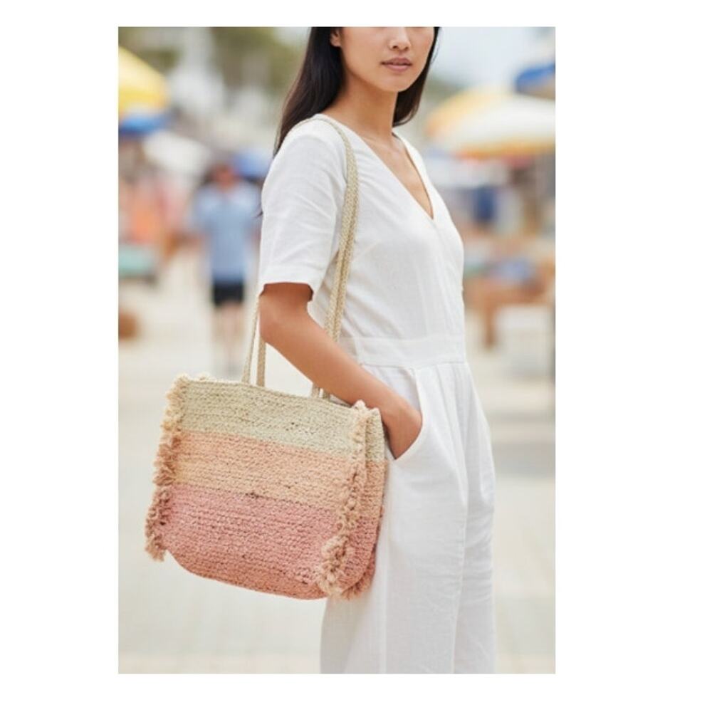 Shiraleah Lucia Ombré Jute Fringe Pink Coral Peach Tote Bag